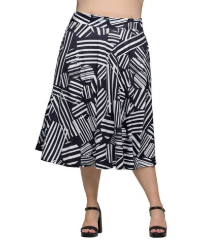 24seven Comfort Apparel Plus Size Print Elastic Waist Pocket Midi Skirt