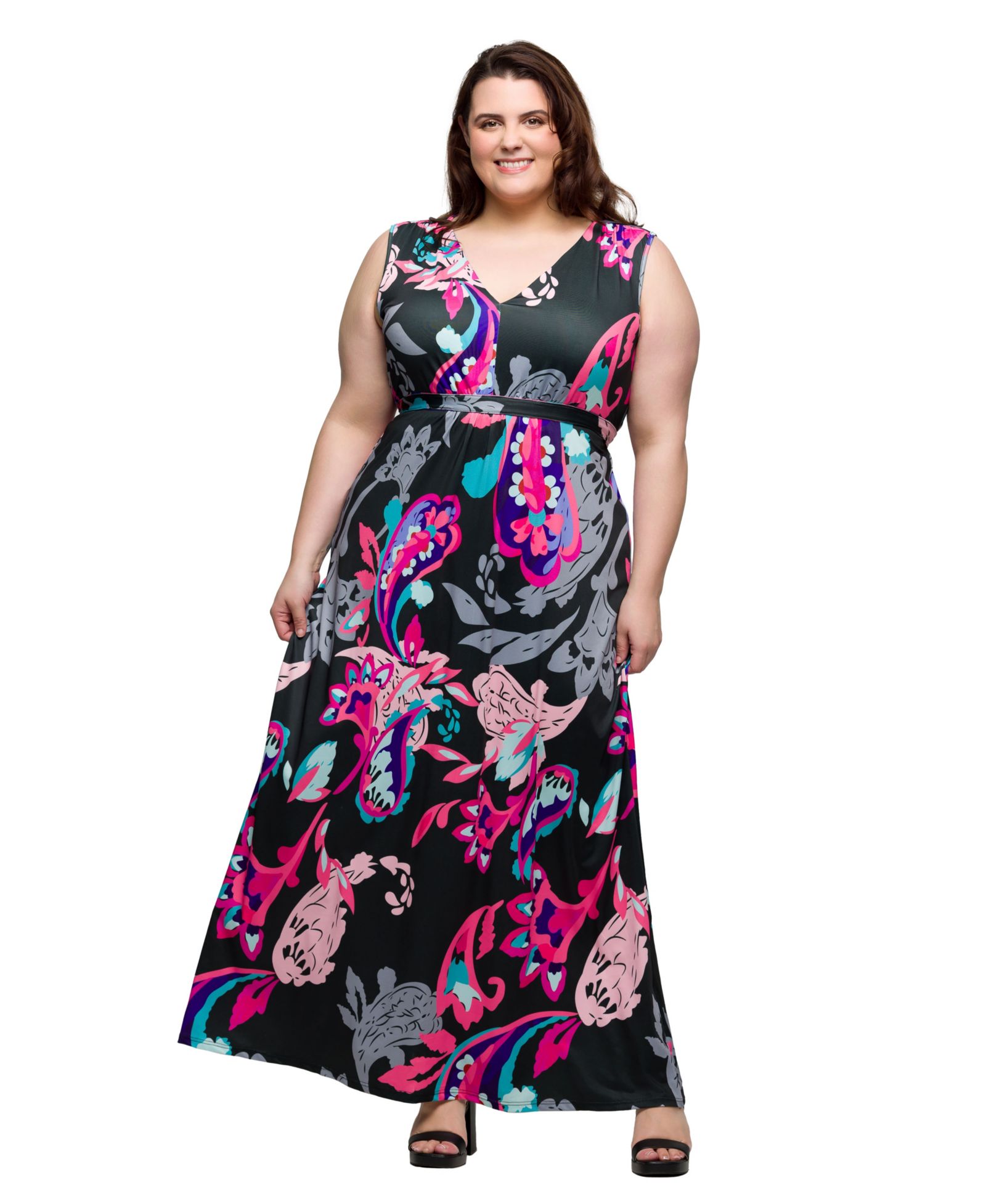 Женское платье 24seven Comfort Apparel Plus Size Print V-Neck Empire Waist Sleeveless Maxi