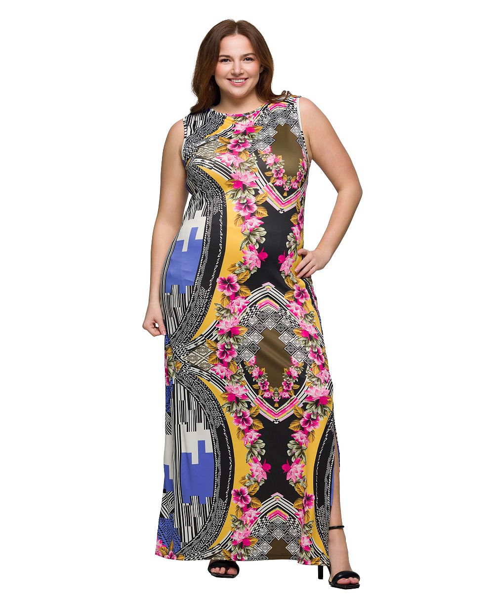 24seven Comfort Apparel Plus Size Print Sleeveless Side Slit Maxi Dress