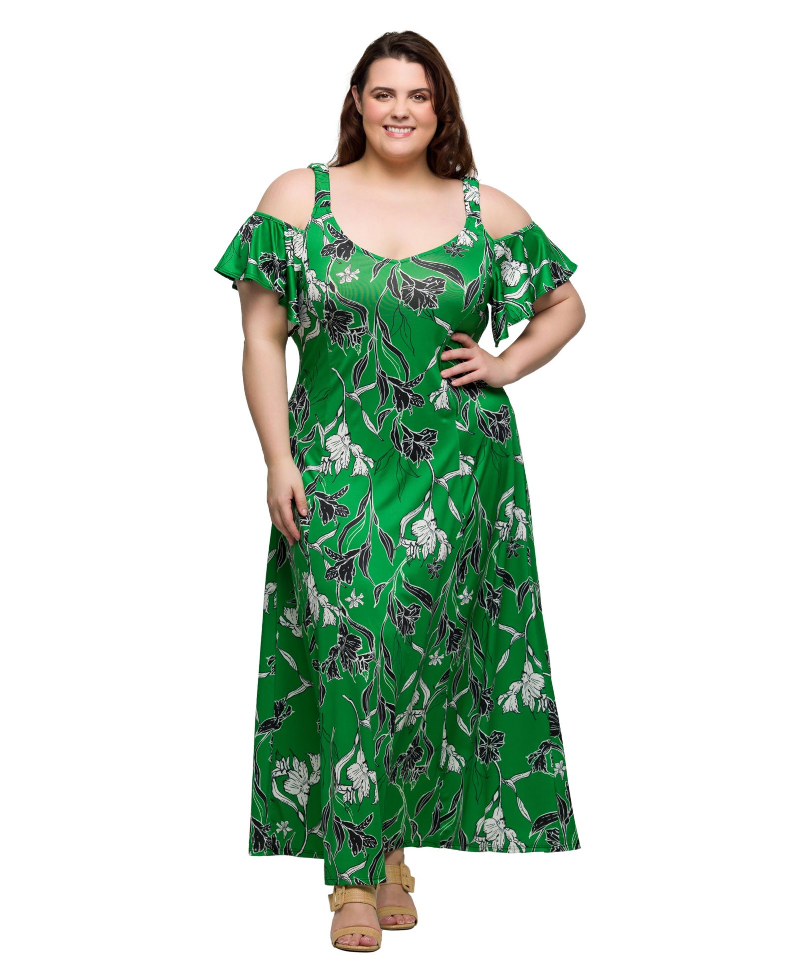 Женское платье 24seven Comfort Apparel Plus Size Cold Shoulder Ruffle Sleeve A-Line Maxi