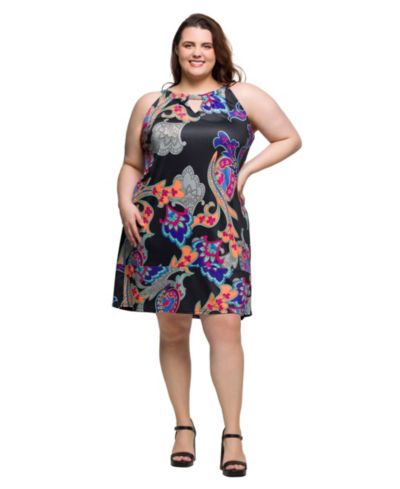 24seven Comfort Apparel Plus Size Knee Length Print Sleeveless Keyhole Dress