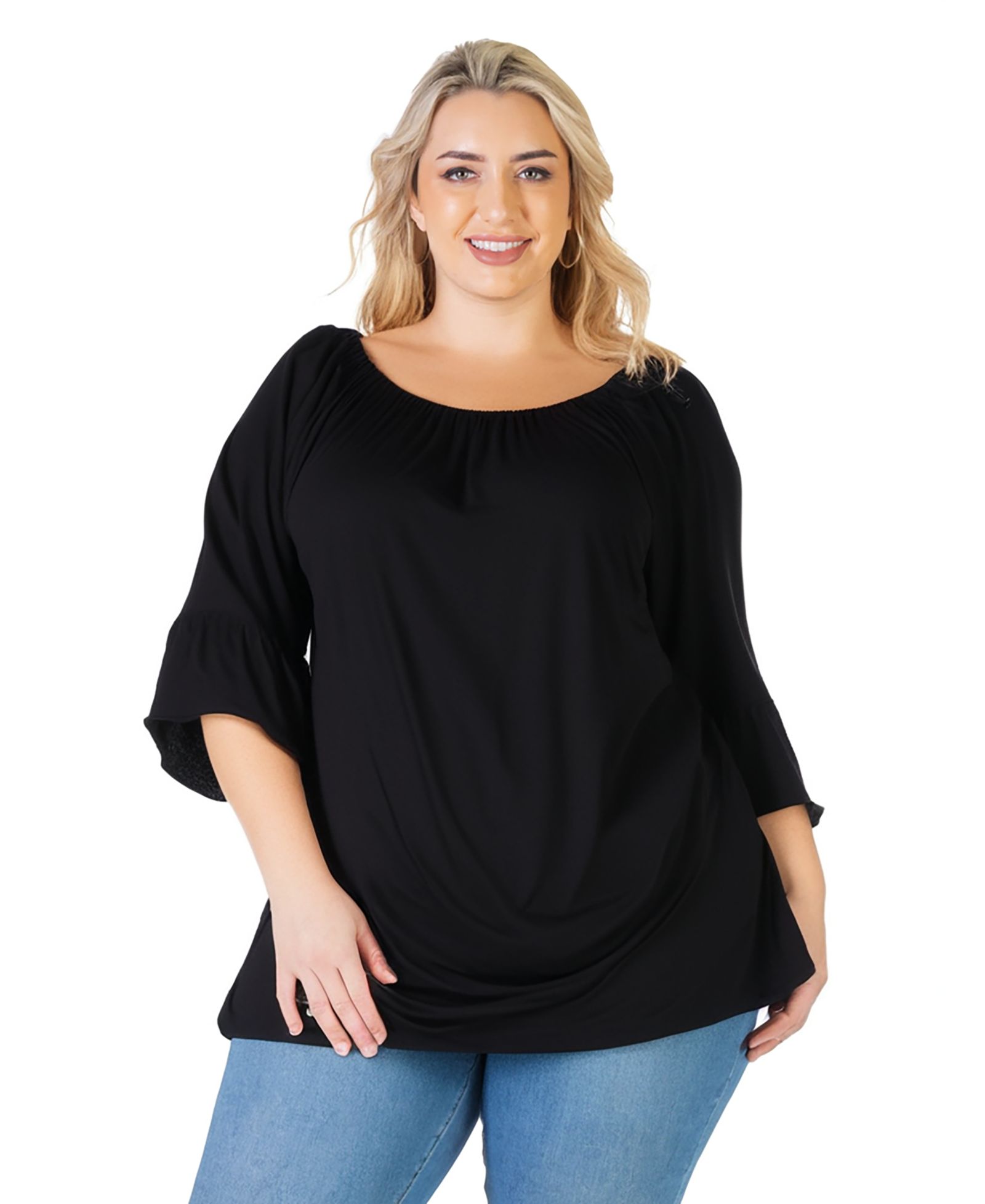 24seven Comfort Apparel Plus Size Bell Sleeve Loose Fit Tunic Top