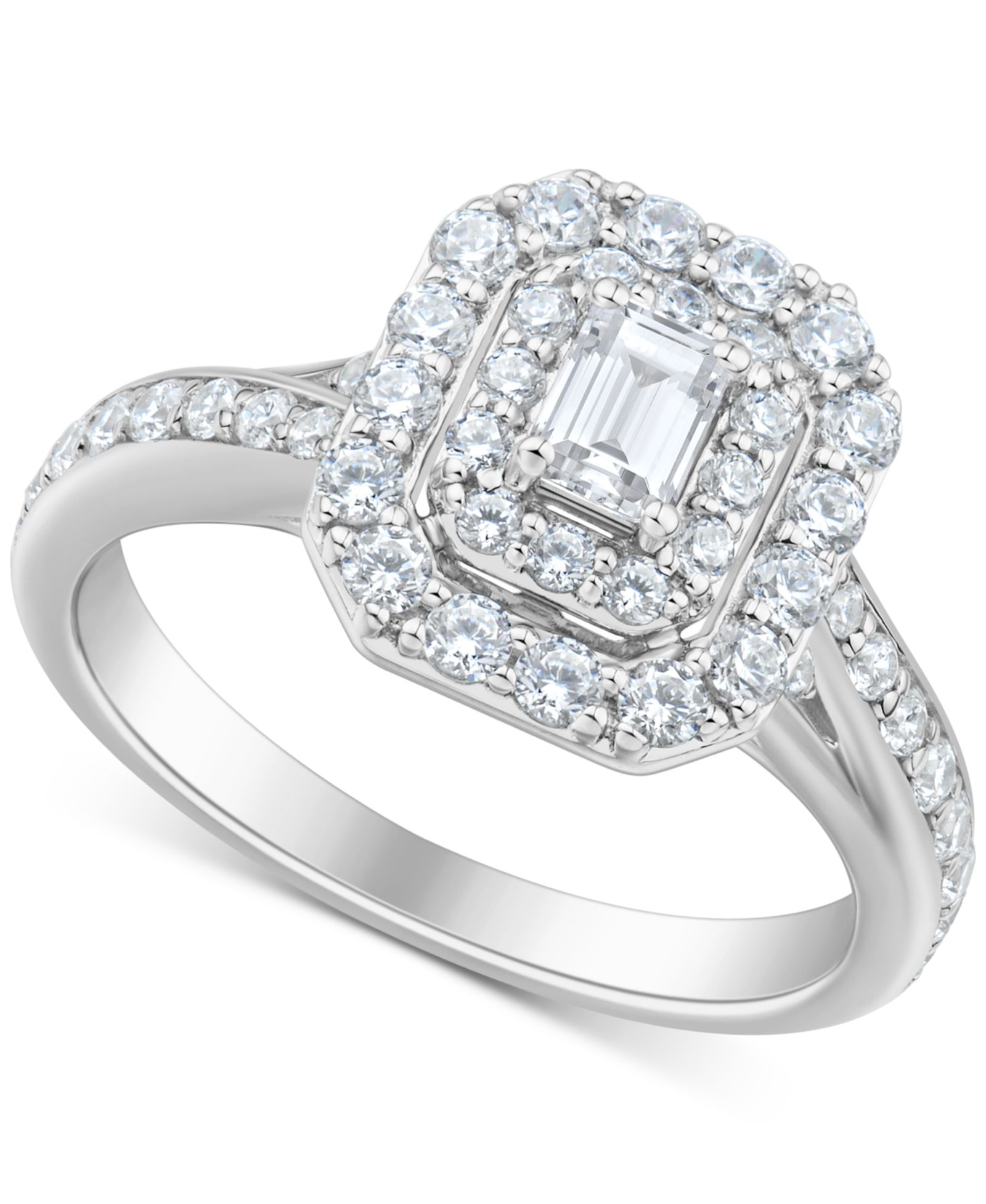 Помолвочное кольцо с бриллиантами Emerald-Cut Double Halo в белом золоте 14k