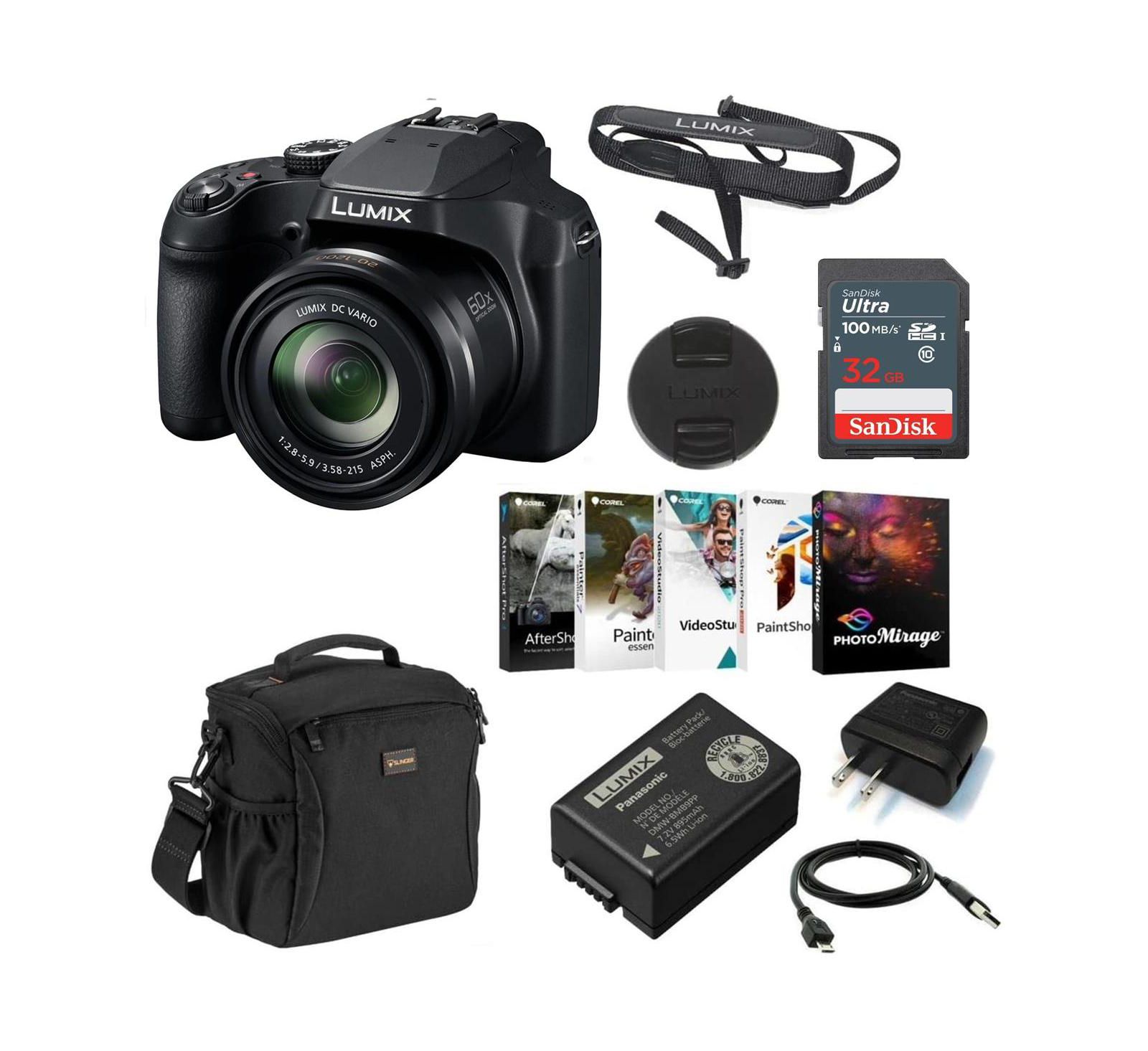 Panasonic Lumix DC-FZ80 4K Digital Camera, 18.1 Megapixel, 60x Zoom 20-1200mm Lens Bundle with Bag, 32GB SD Card, Corel PC Photo Editing