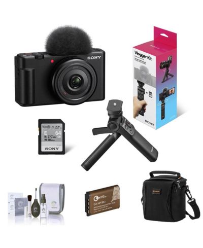 Sony ZV-1F vlogging камера, черная, комплект с рукояткой GP-VPT3, штативом, дополнительным аккумулятором, сумкой и набором для чистки