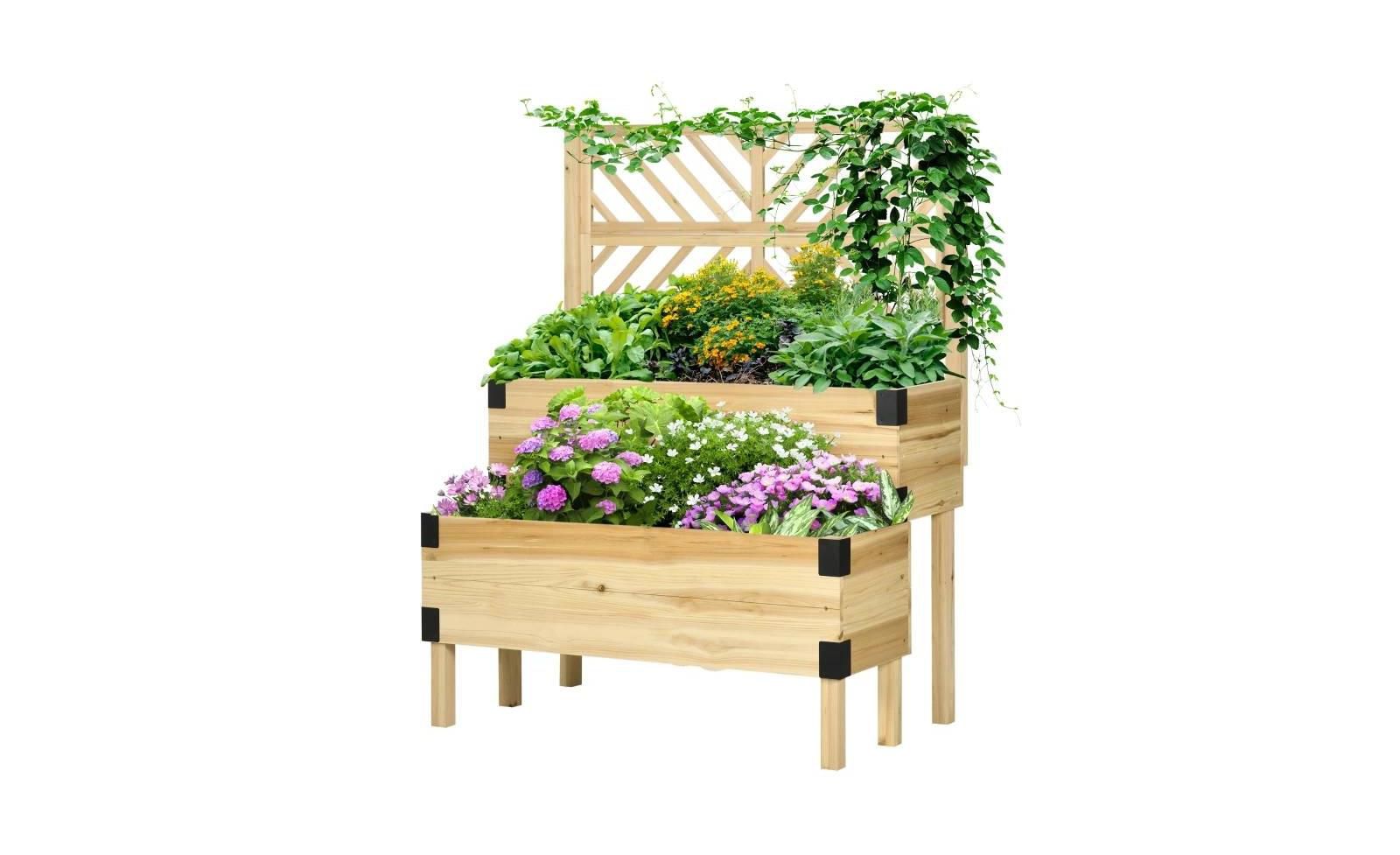 2 Tier Self Draining Wood Raised Garden Bed Planter Box with Trellis