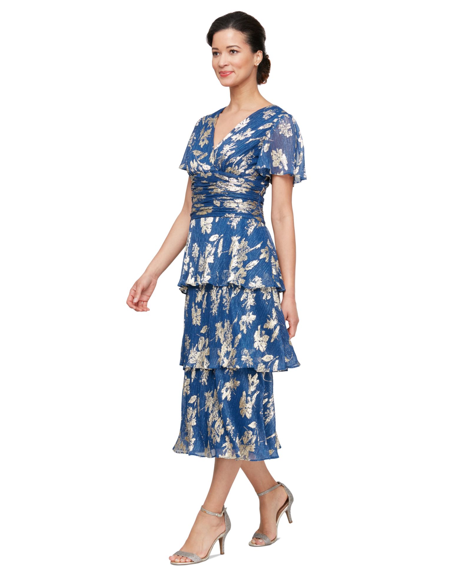 Женское многослойное платье SL Fashions Floral Surplice-Neck Tiered