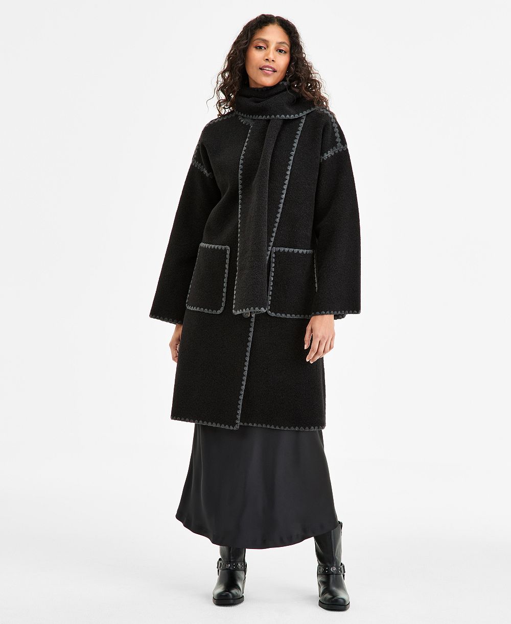 BCBGMAXAZRIA Women's Button-Front Edge-Stitch Scarf Coat