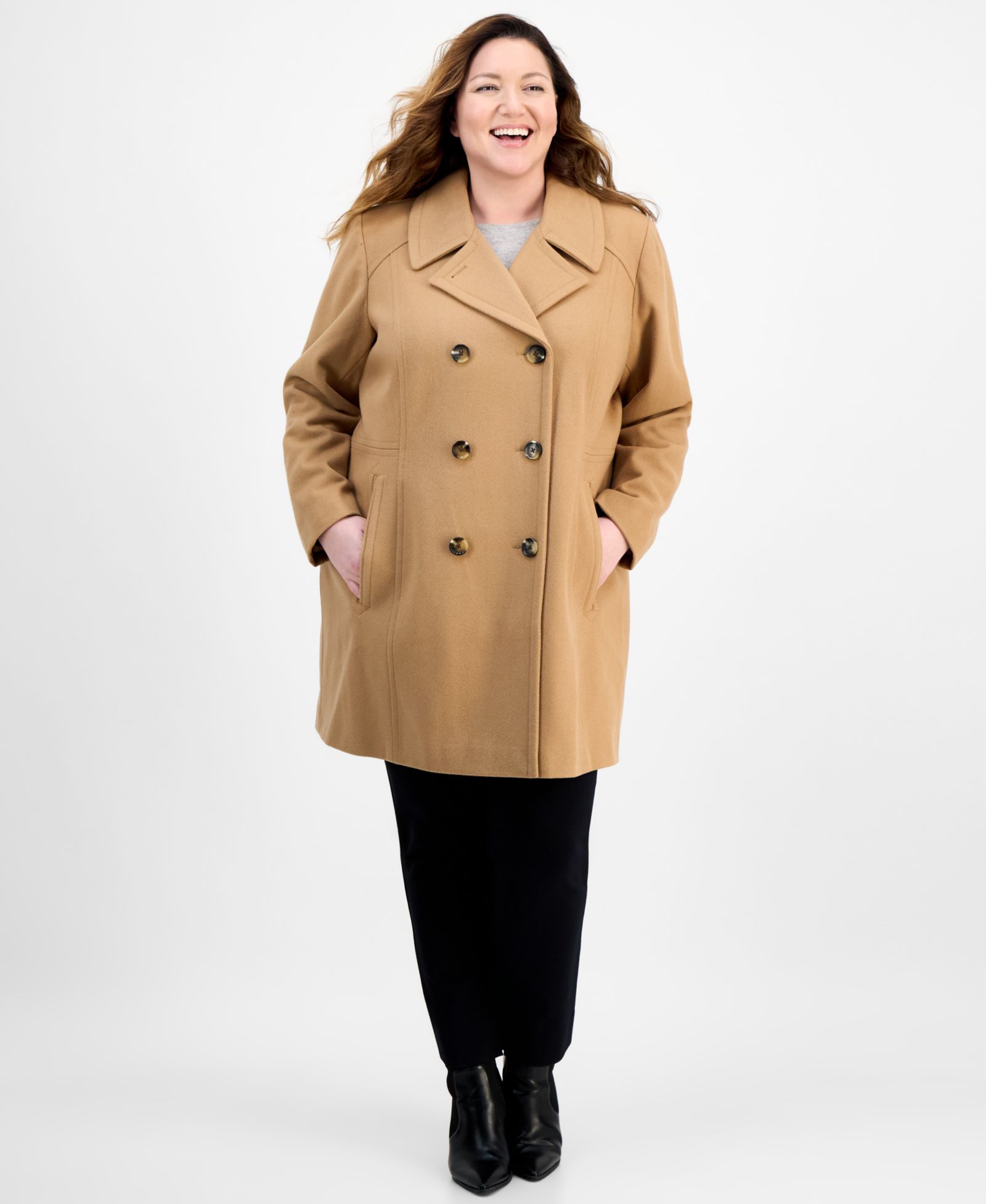 Anne Klein Plus Size Double-Breasted Peacoat, Exclusively at Macy's