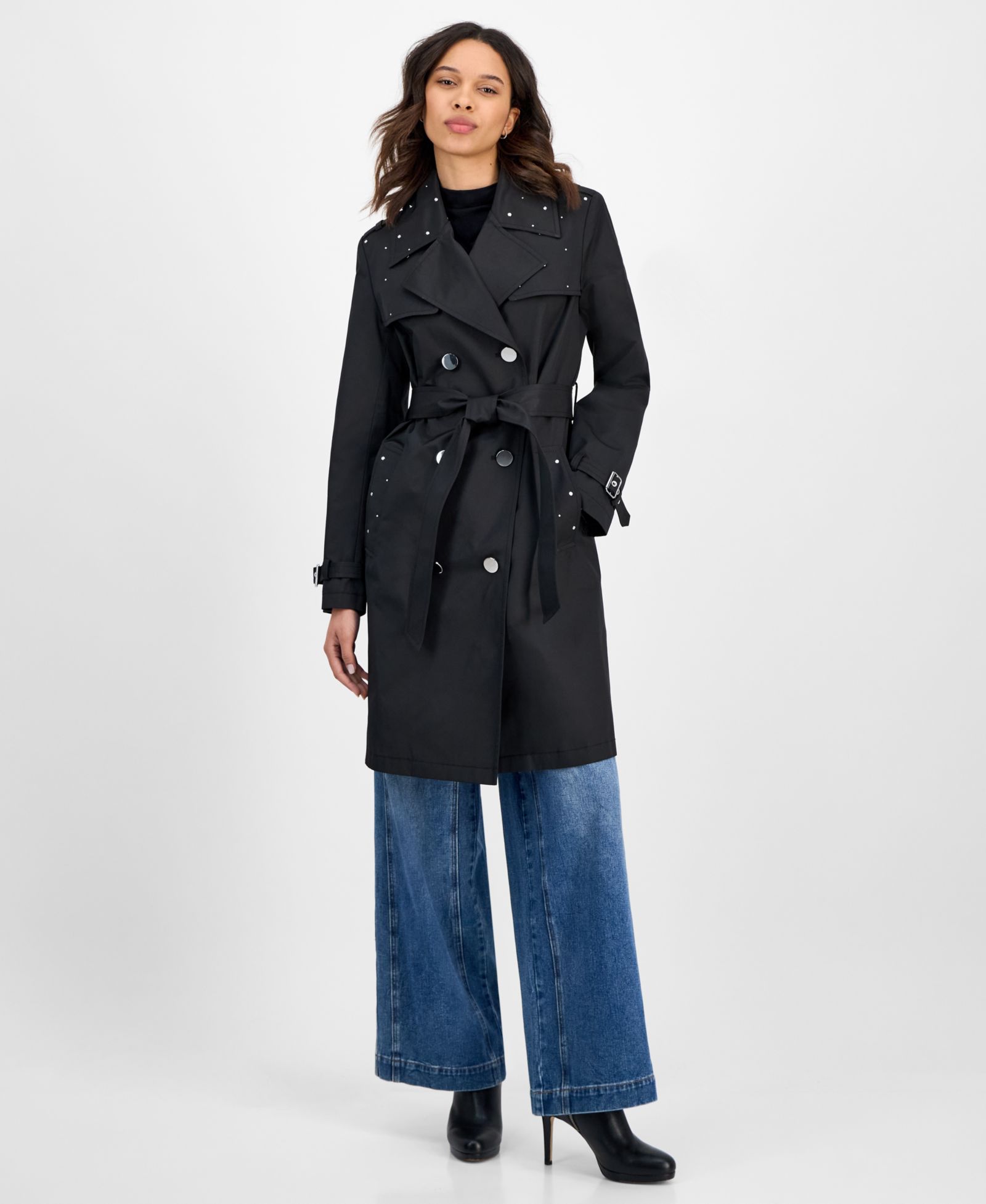 CeCe Women's Double-Breasted Studded Belted Trench Coat