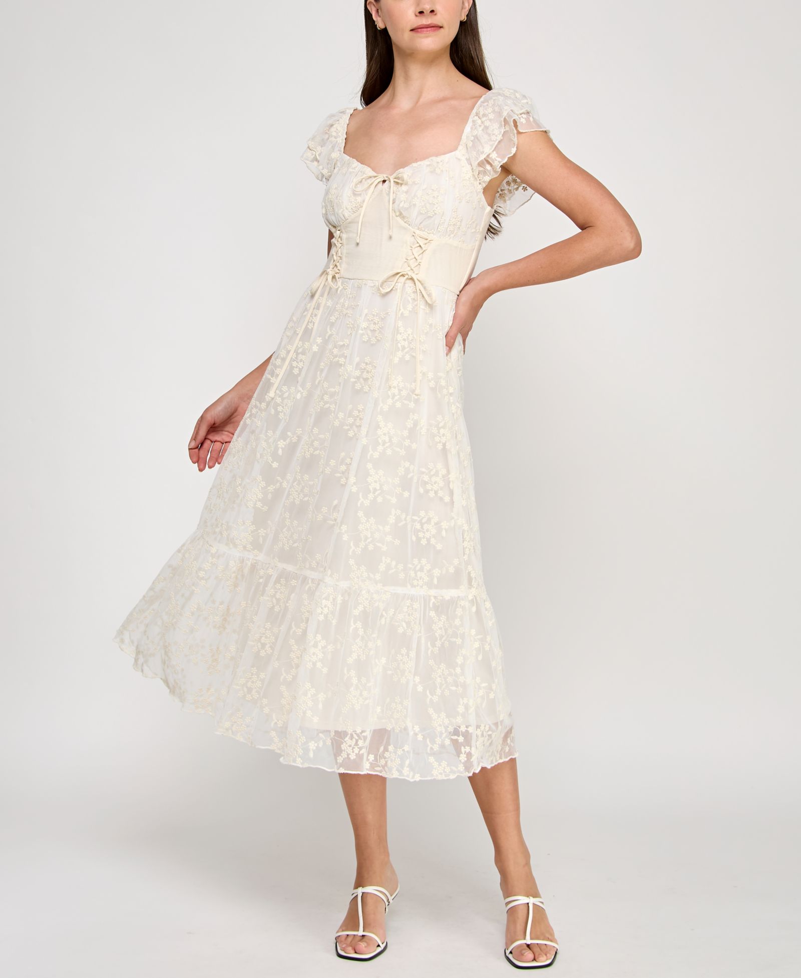 ROW A Juniors' Sweetheart-Neck Flutter-Sleeve Lace Midi Dress