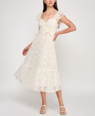 ROW A Juniors' Sweetheart-Neck Flutter-Sleeve Lace Midi Dress