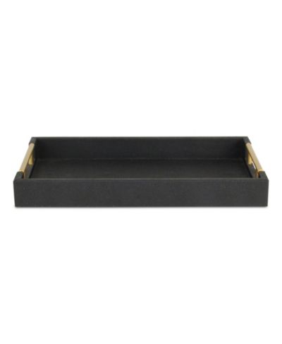 Wood and Vinyl Faux Shagreen Serving Tray with Handles for Dining and Decor