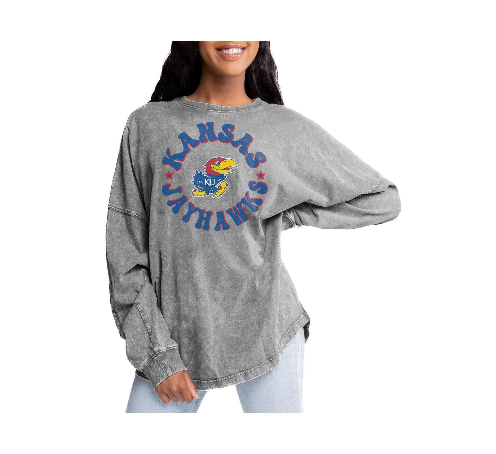 Женская оверсайз футболка Gameday Couture Gray Kansas Jayhawks Playing Around Faded Wash Long Sleeve