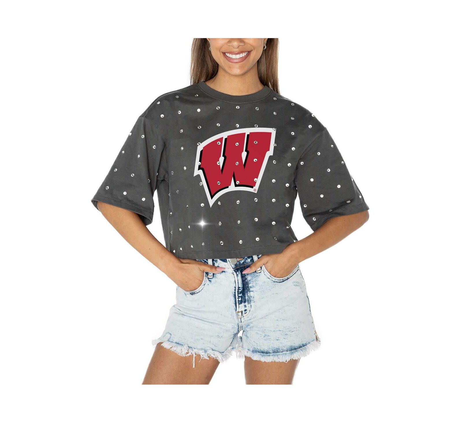Женский укороченный T-shirt Gameday Couture Gray Wisconsin Badgers Go Time с отделкой стразами