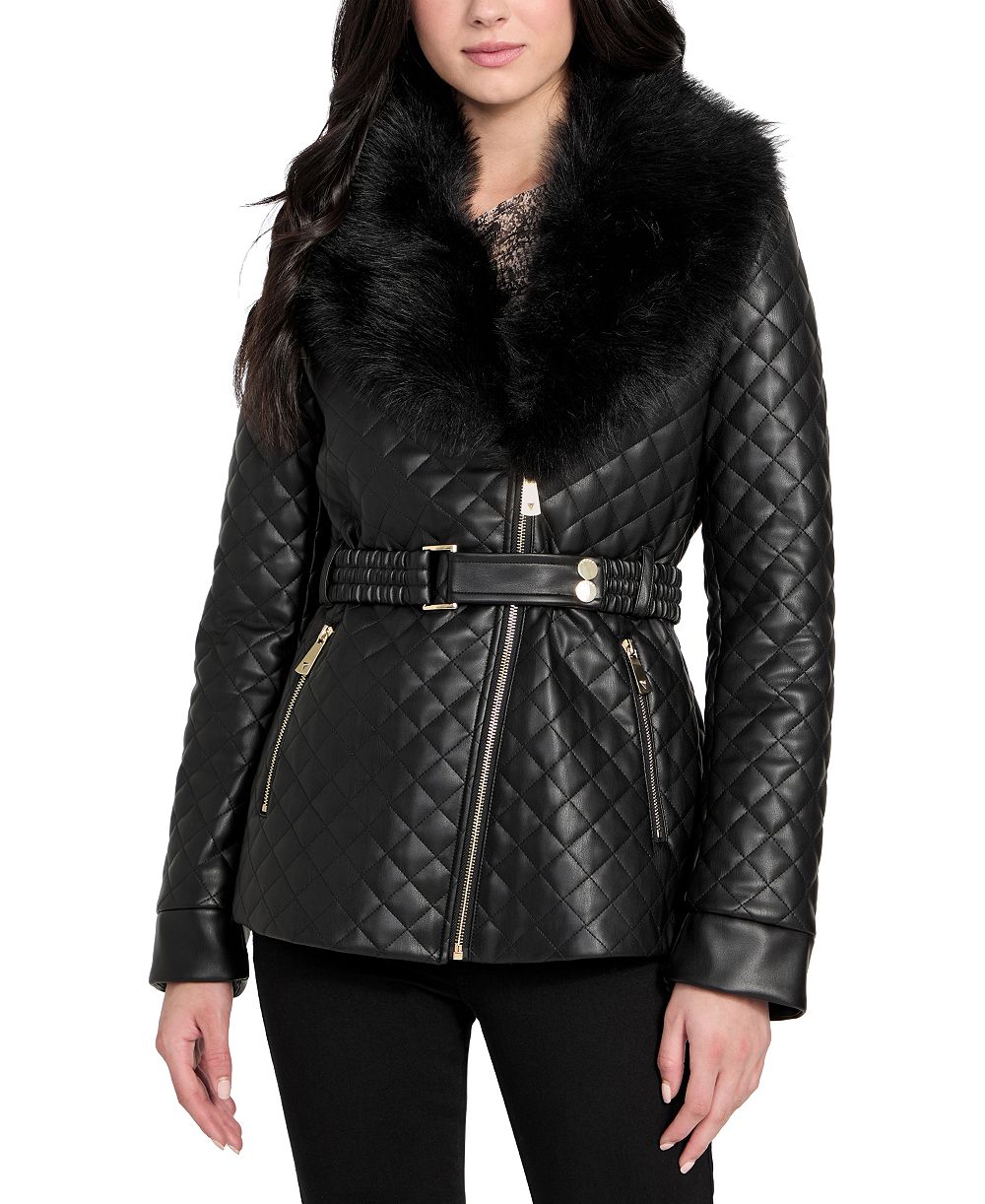 GUESS Women's Quilted Faux-Fur-Collar Faux-Leather Jacket
