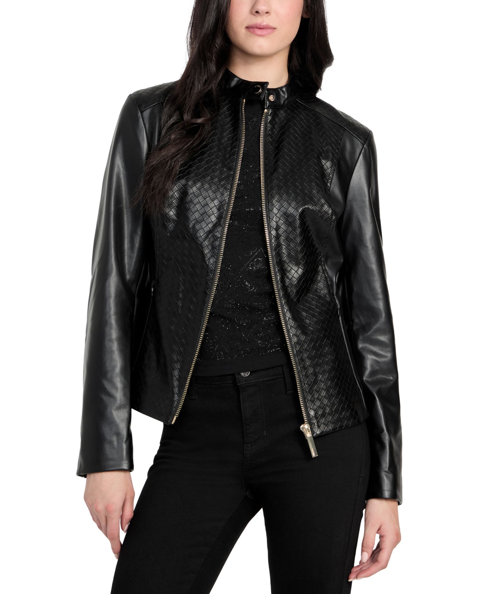 GUESS Women's Faux-Leather Basketweave Jacket