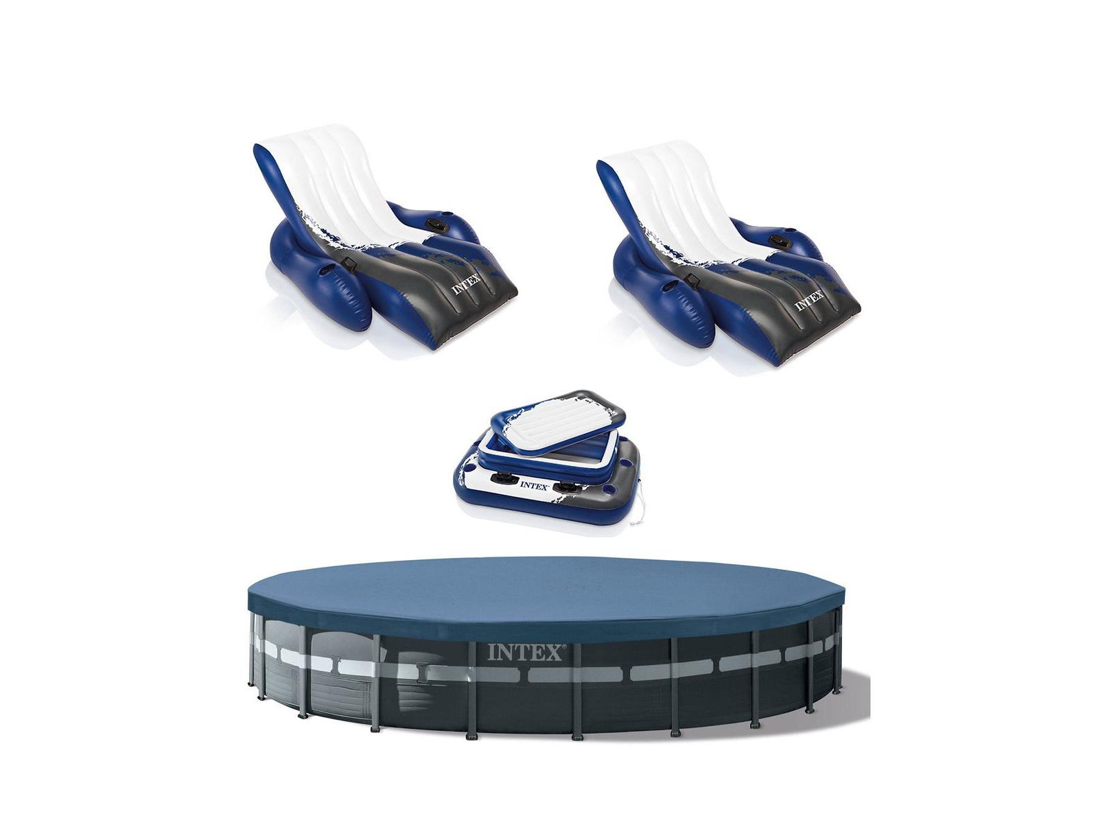 Наземный бассейн Intex 26ft x 52in с надувными шезлонгами и плавающим кулером