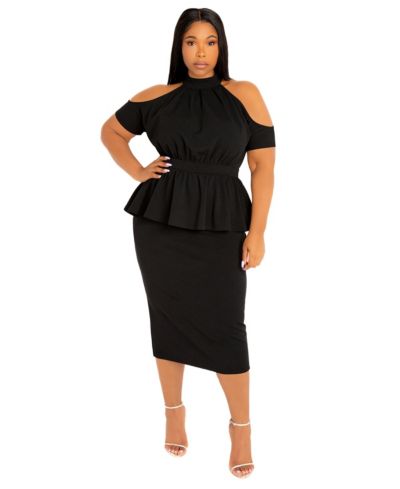 Buxom Couture Plus Size Cut-out Shoulder Peplum Midi Dress