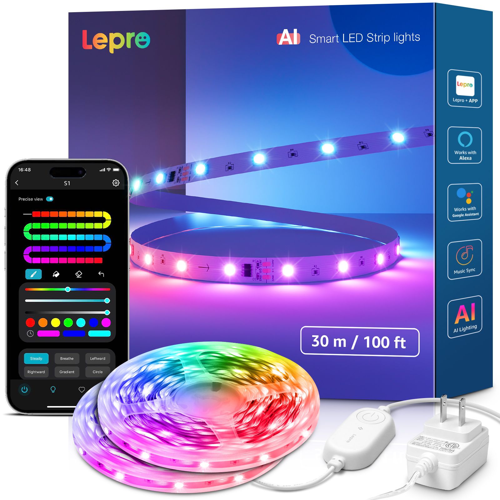Светодиодная лента Lepro S1 AI Smart RGBIC, Wi-Fi Bluetooth