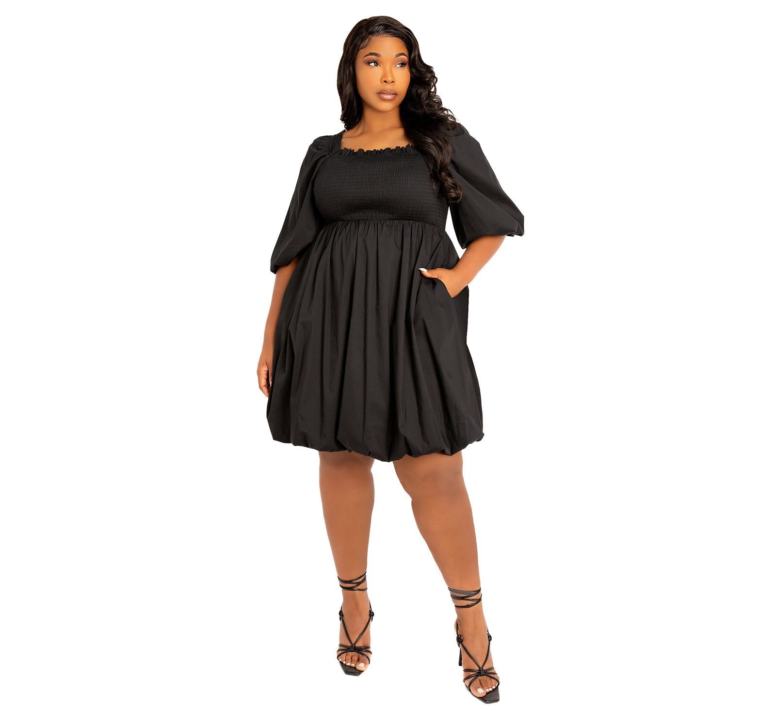 Buxom Couture Plus Size Smocked Puff Sleeve Bubbled Dress