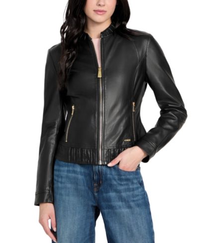 GUESS Women's Collarless Zip-Front Leather Jacket, Created for Macy's