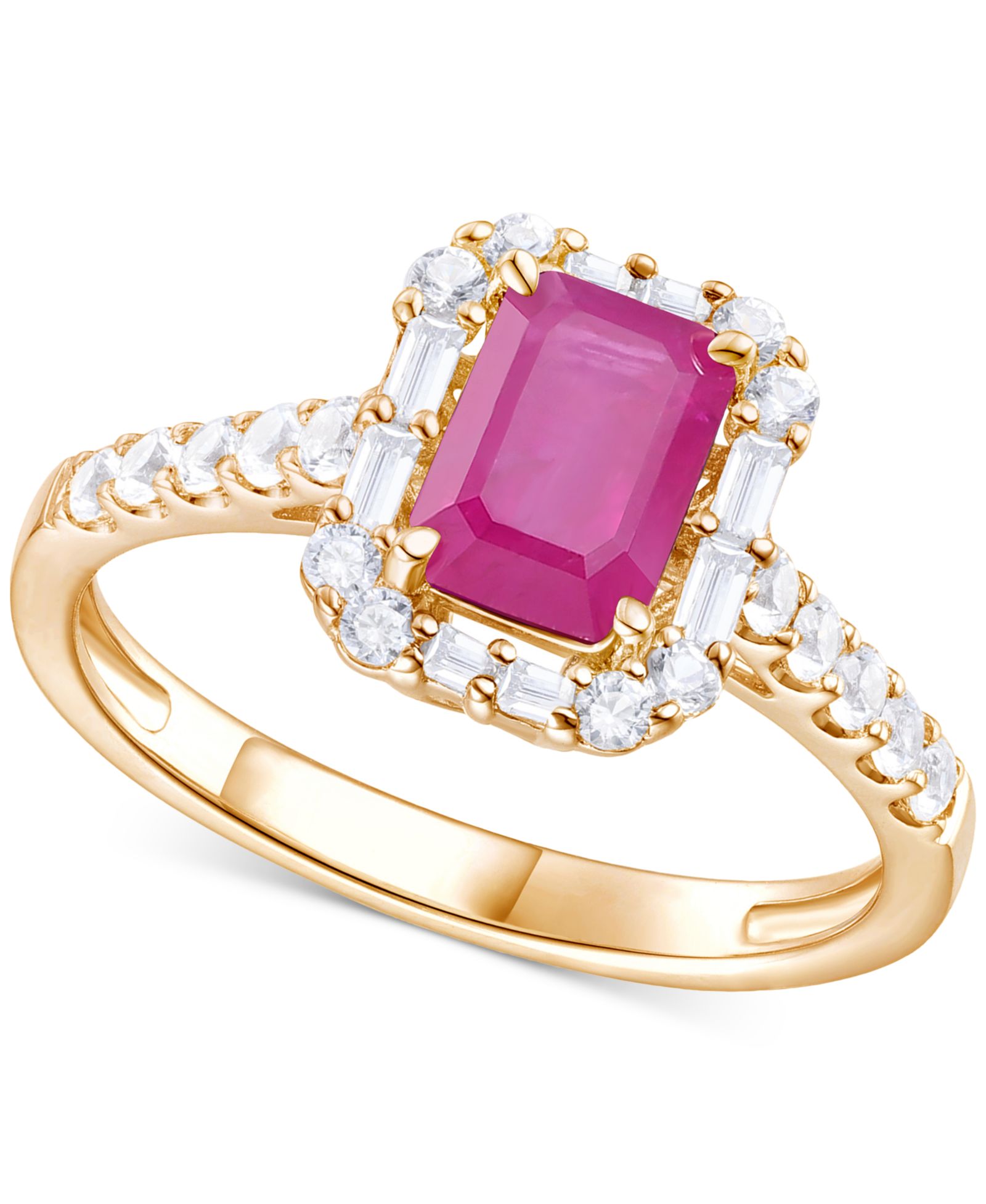 Кольцо с сапфиром (1-1/10 ct. t.w.) и бриллиантом (3/8 ct. t.w.) Round & Baguette Halo в 14k Gold (также в Ruby & Emerald)