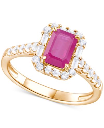 Sapphire (1-1/10 ct. t.w.) & Diamond (3/8 ct. t.w.) Round & Baguette Halo Ring in 14k Gold (Also in Ruby & Emerald)