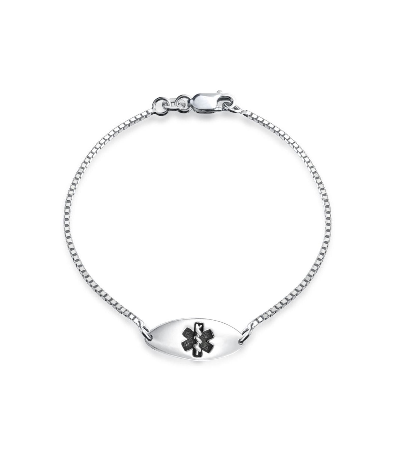 Bling Jewelry Delicate Oval Tag Medical ID Thin Box Link Bracelet .925 Sterling Silver