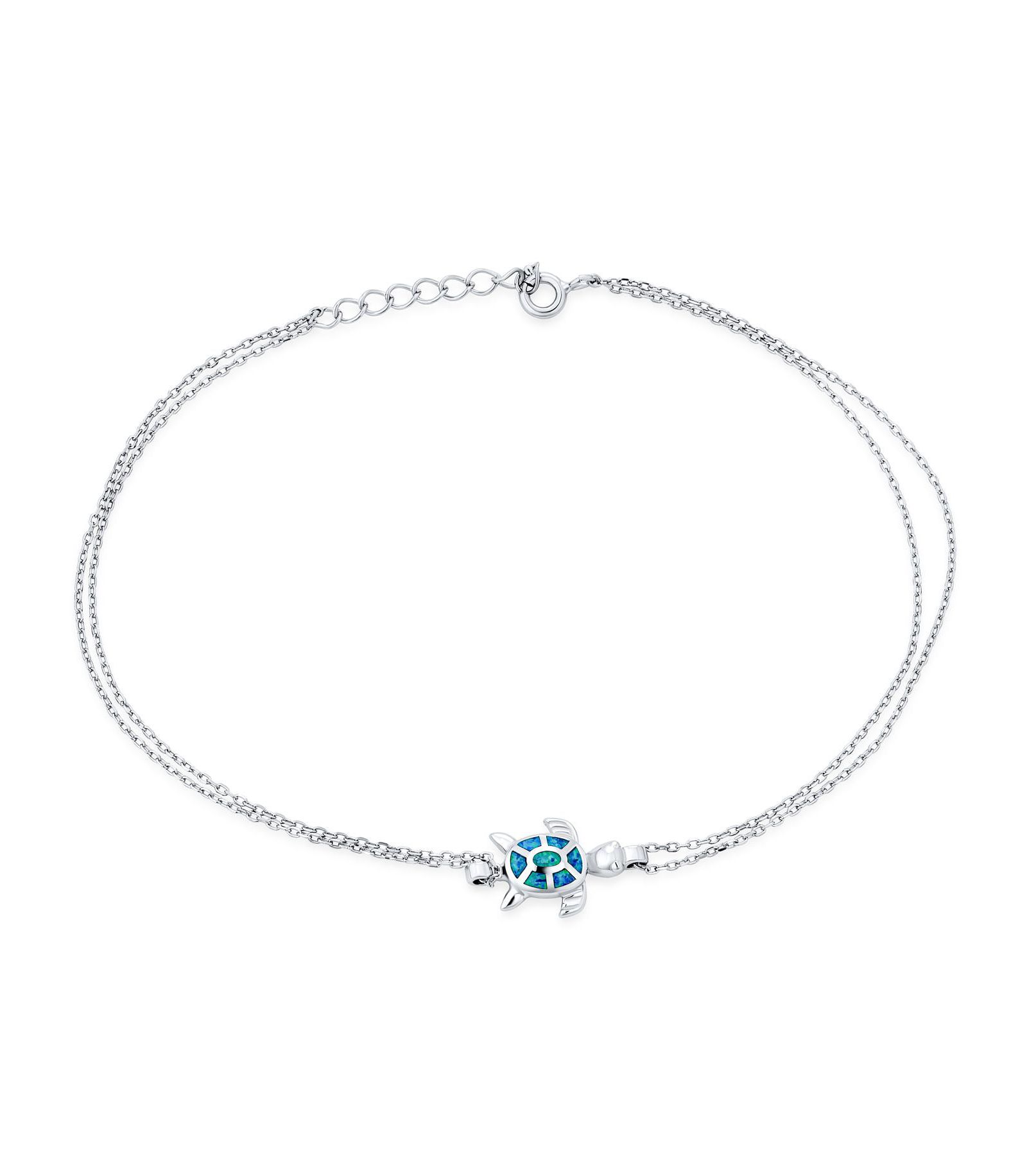Bling Jewelry Created Blue Opal Turtle Anklet Strand Charm Ankle Bracelet Sterling Silver