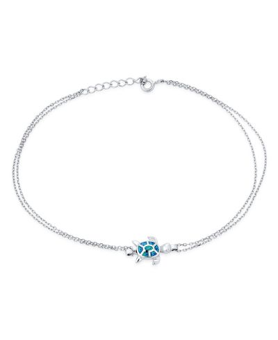Bling Jewelry Created Blue Opal Turtle Anklet Strand Charm Ankle Bracelet Sterling Silver