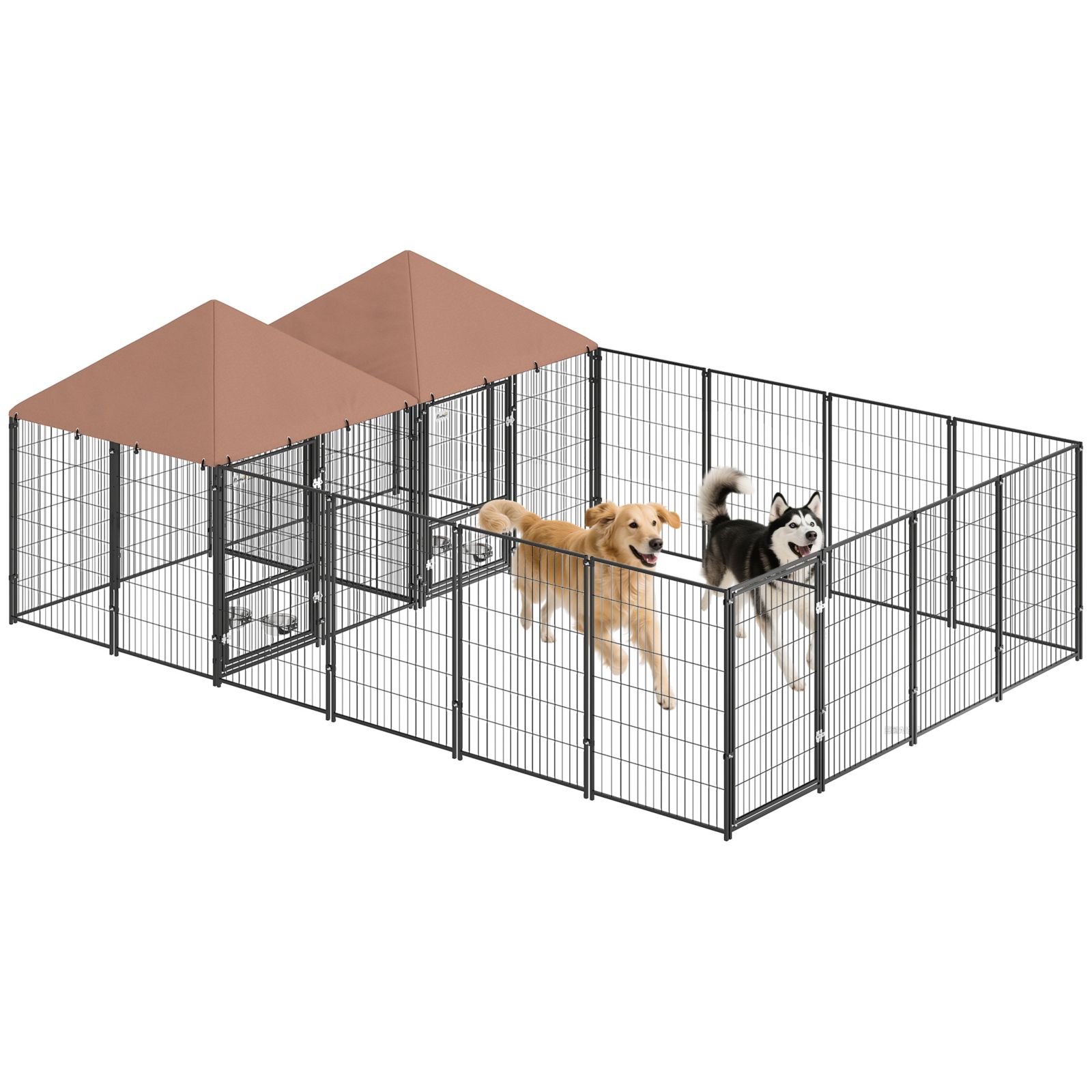 PawHut Dog Kennel Outdoor with Rotating and Adjustable Height Bowls, 2 Rooms