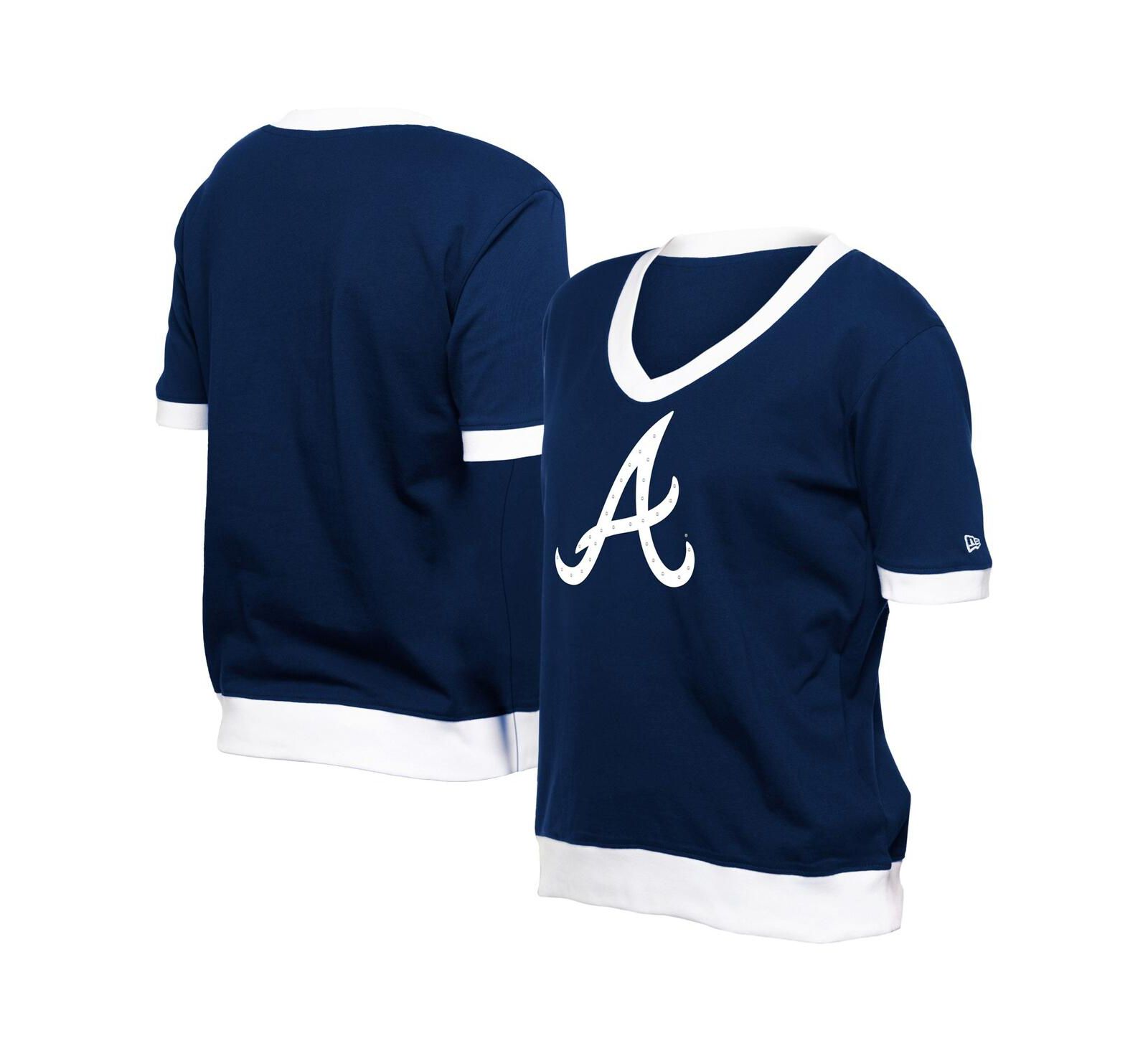 Женская футболка New Era Navy Atlanta Braves Game Day с блестками и V-образным вырезом