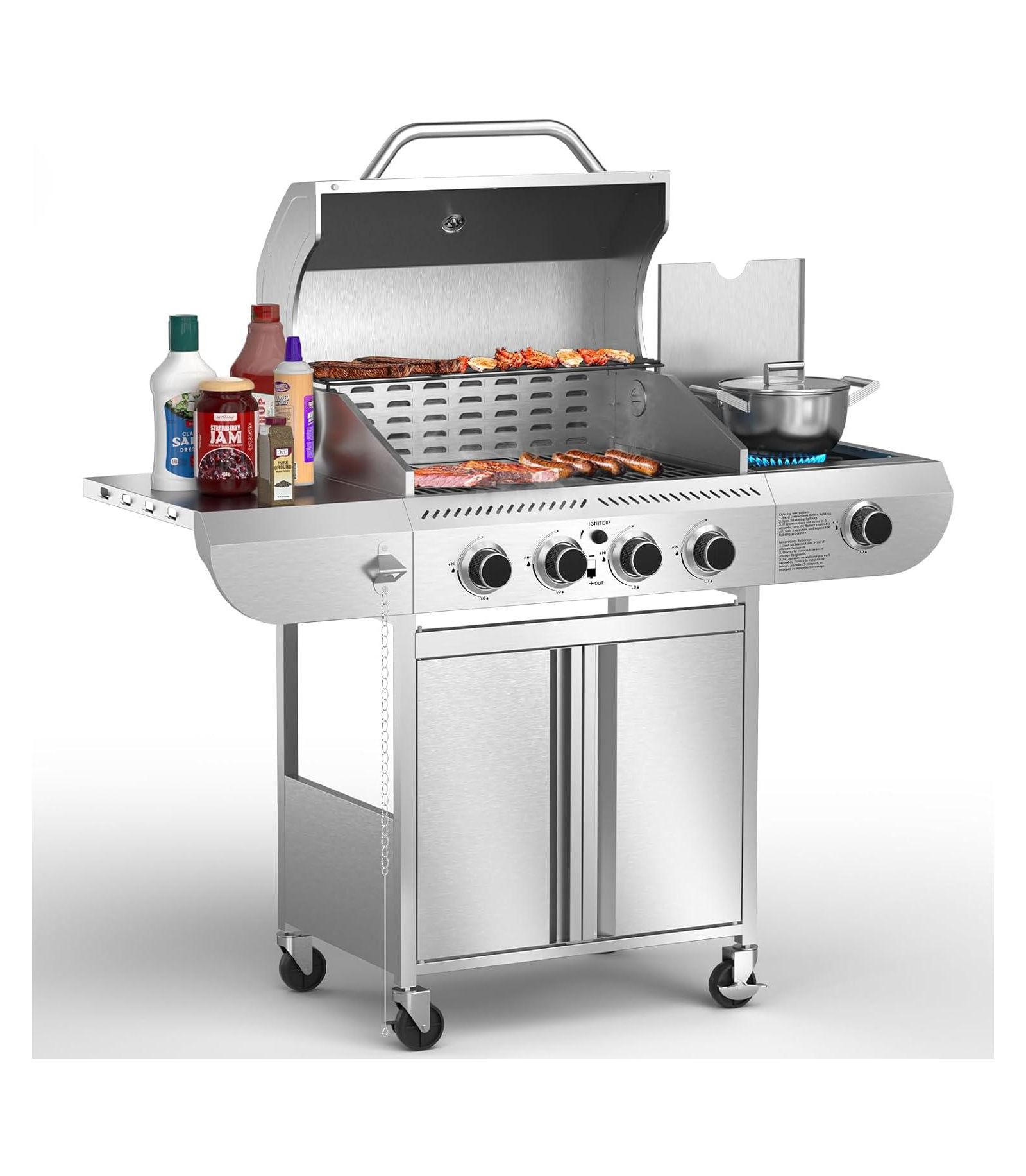 COWSAR 4-Burner Gas Grill with Side Burner, 42,000 BTU