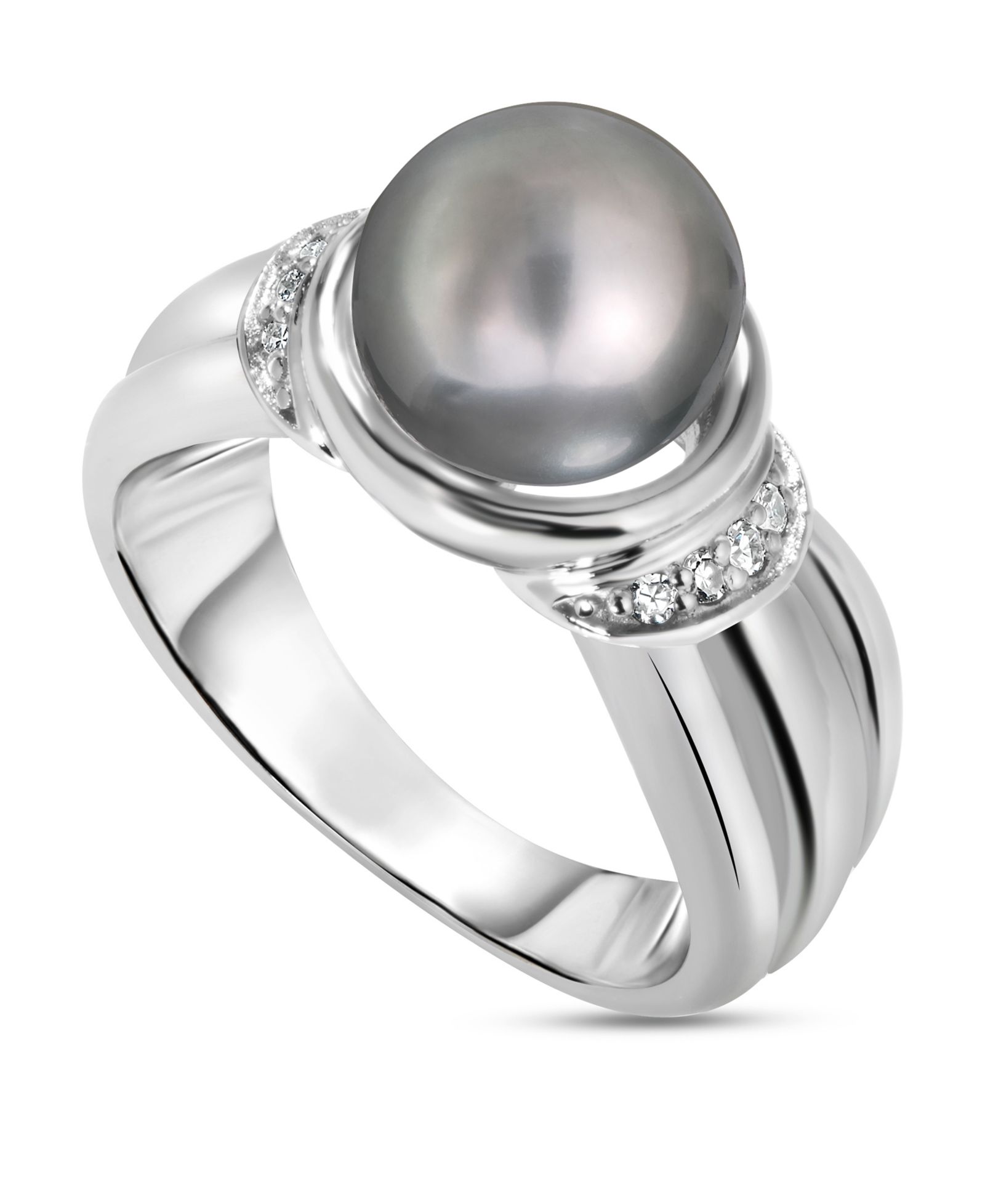 Tahitian Pearl (9mm) & Diamond (1/20 ct. t.w.) Ring in Sterling Silver