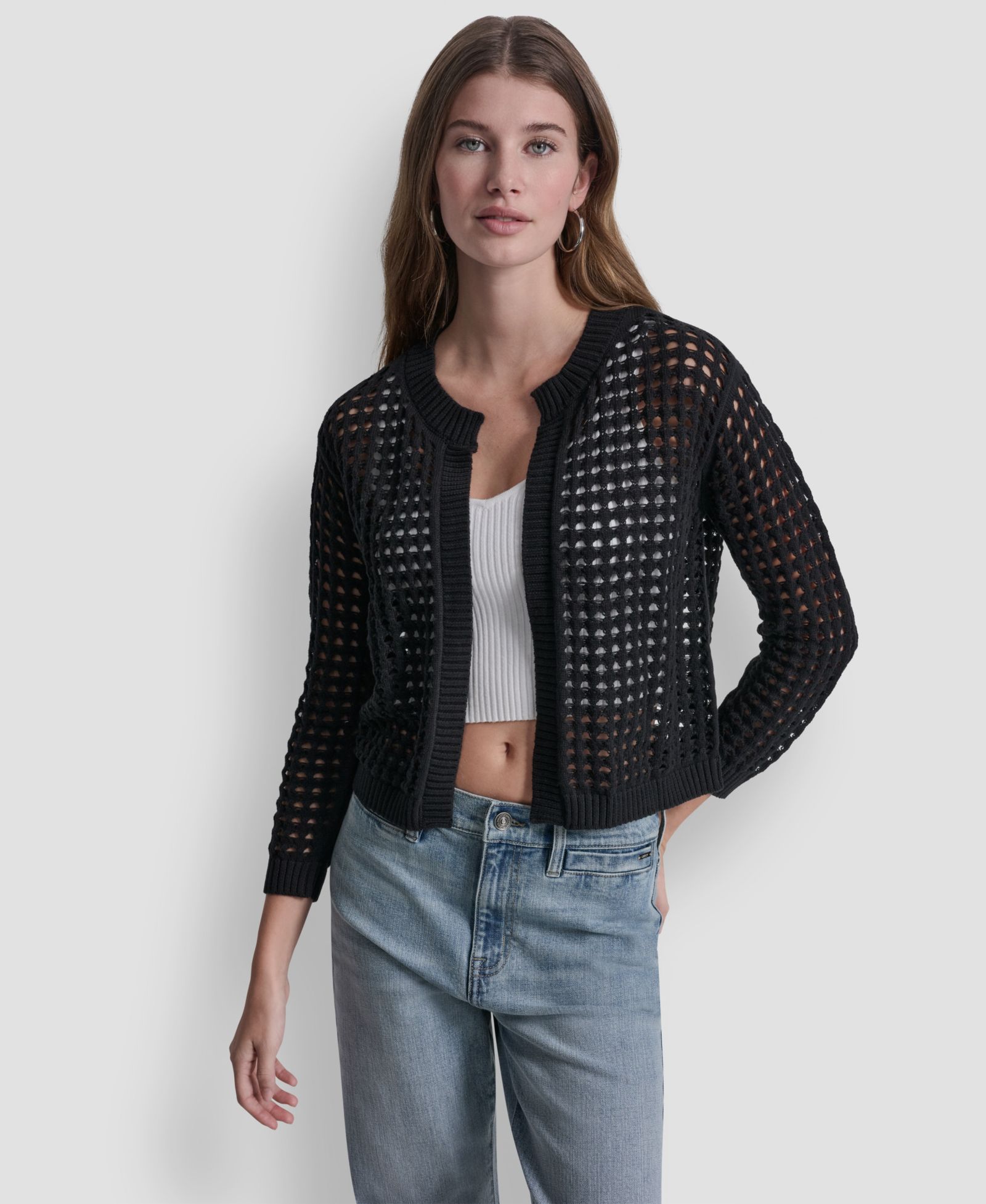 DKNY Jeans Petite Open-Stitch Drop-Shoulder Cardigan Sweater