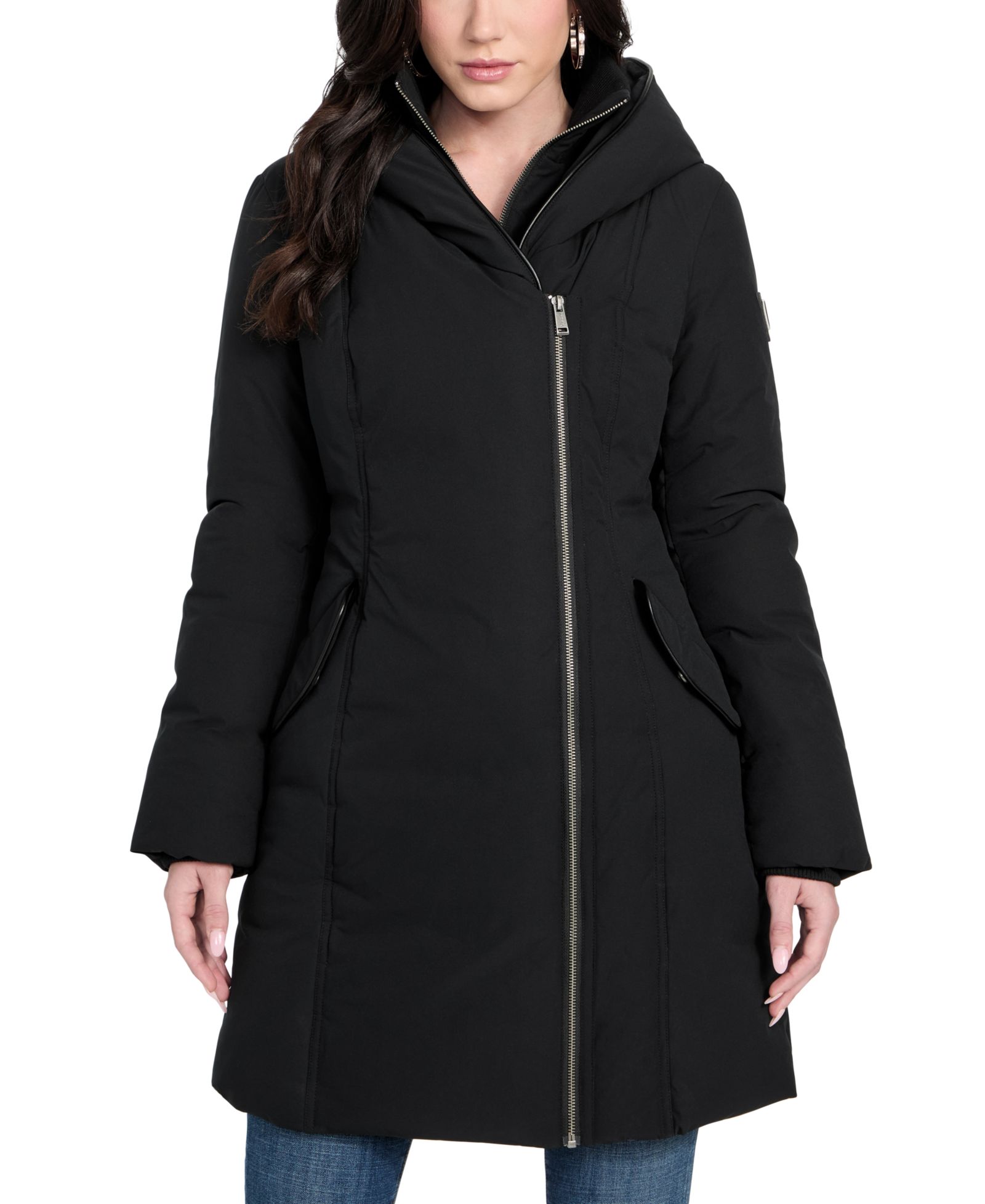GUESS Women's Asymmetric Zip-Front Hooded Puffer Coat