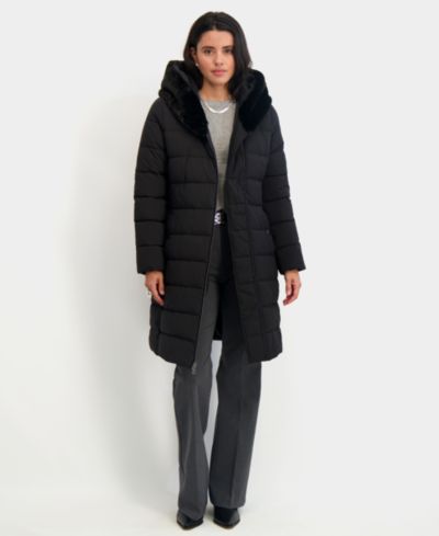 Tahari Women's Faux-Fur-Trim Hooded Belted Puffer Coat