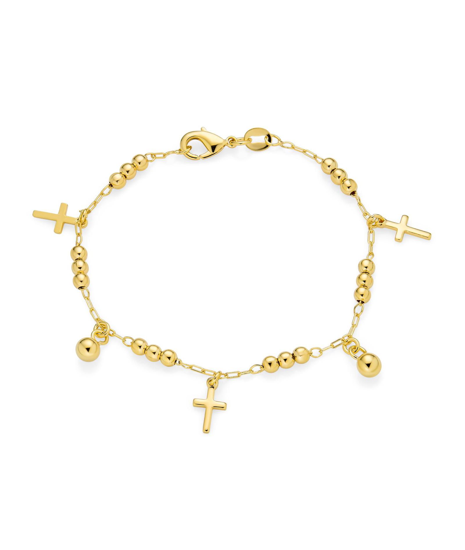 Bling Jewelry Multi Cross Charm Bracelet Religious Beads Bells Dangle Yellow Gold Plated