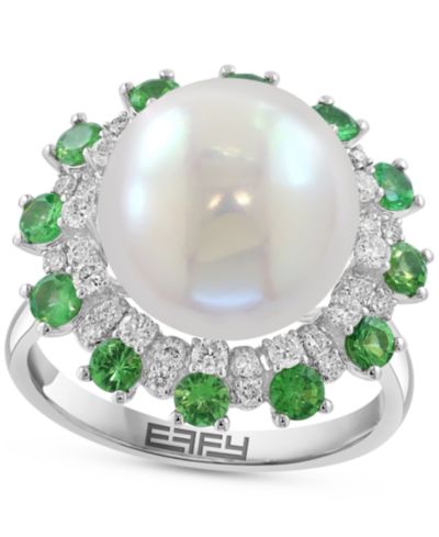 EFFY® Cultured Freshwater Pearl (11mm), Green & White Diamond (1-1/5 ct. t.w.) Statement Ring in 14k White Gold