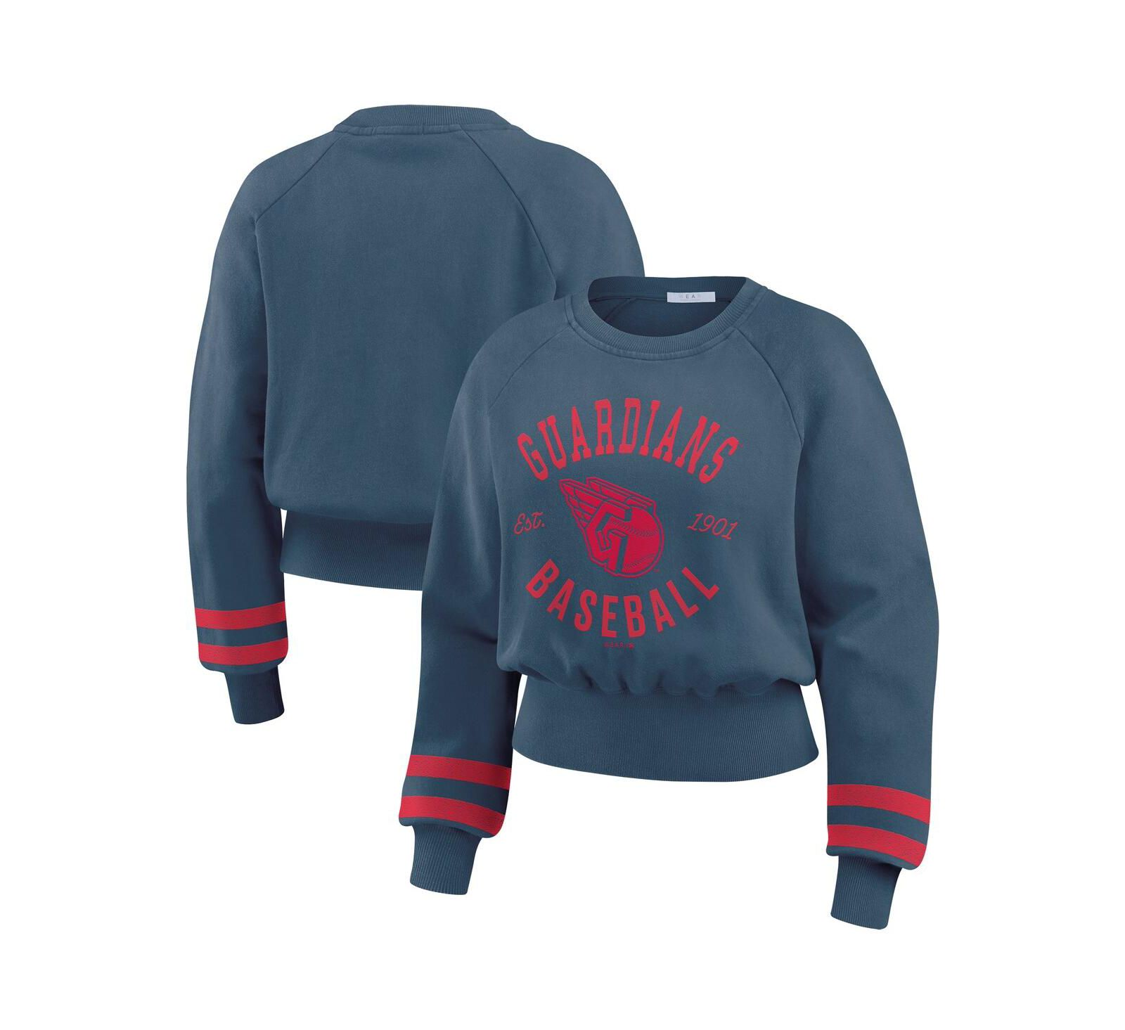 Wear By Erin Andrews Women's Navy Cleveland Guardians Vintage Washed Cropped Pullover Sweatshirt