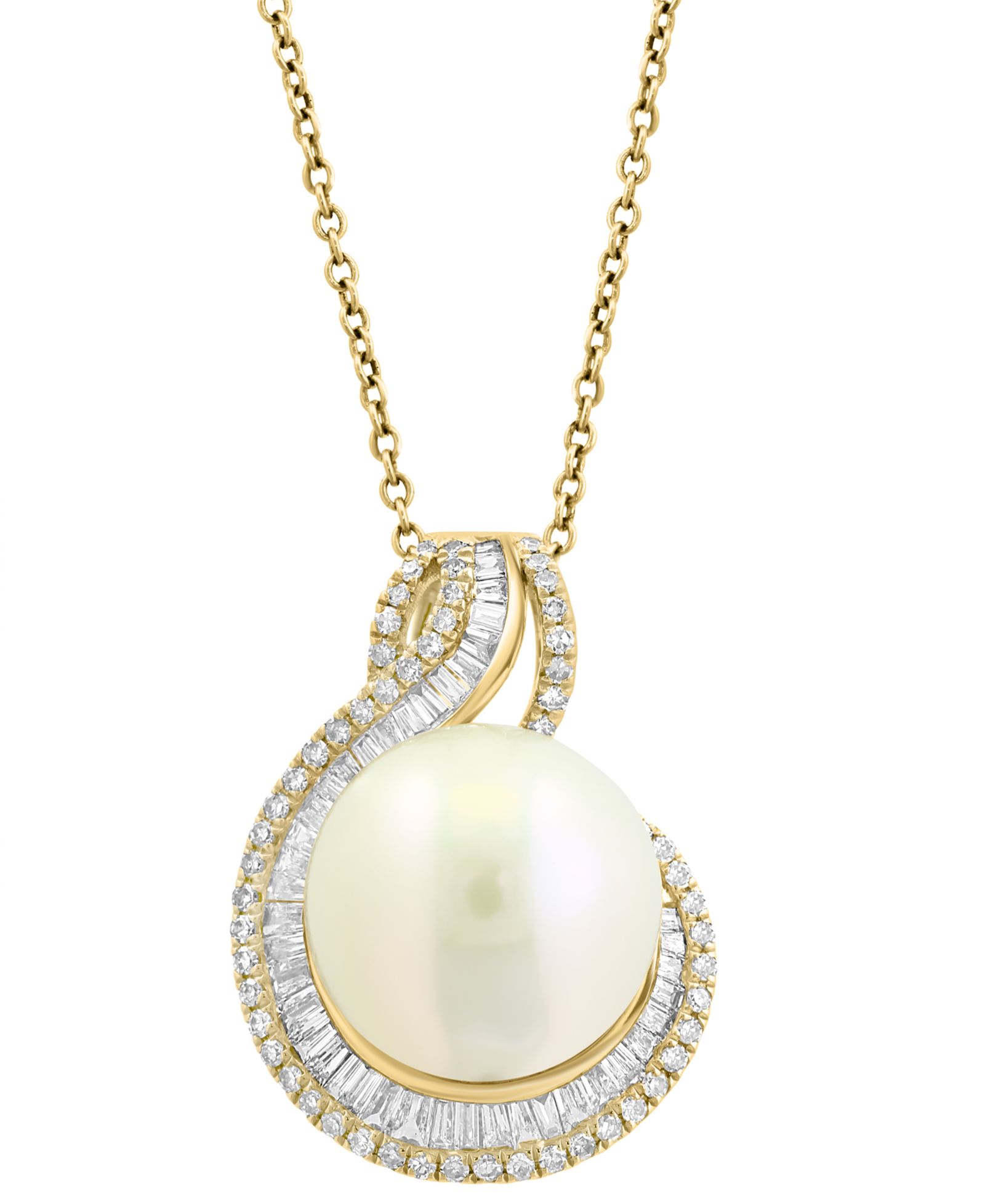 Подвеска EFFY® Cultured Freshwater Pearl (12mm) & Diamond (1/2 ct. t.w.) Swirl в 14k Yellow Gold, 17" + 1" extender