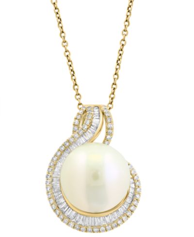 Подвеска EFFY® Cultured Freshwater Pearl (12mm) & Diamond (1/2 ct. t.w.) Swirl в 14k Yellow Gold, 17" + 1" extender
