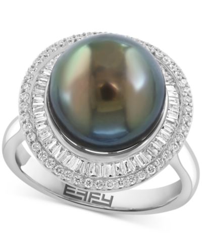 EFFY® Cultured Tahitian Pearl (11mm) & Diamond (3/8 ct. t.w.) Statement Ring in 14k White Gold