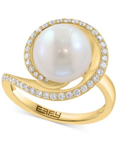 EFFY® Cultured Freshwater Pearl (10mm) & Diamond (1/4 ct. t.w.) Swirl Statement Ring in 14k Yellow Gold
