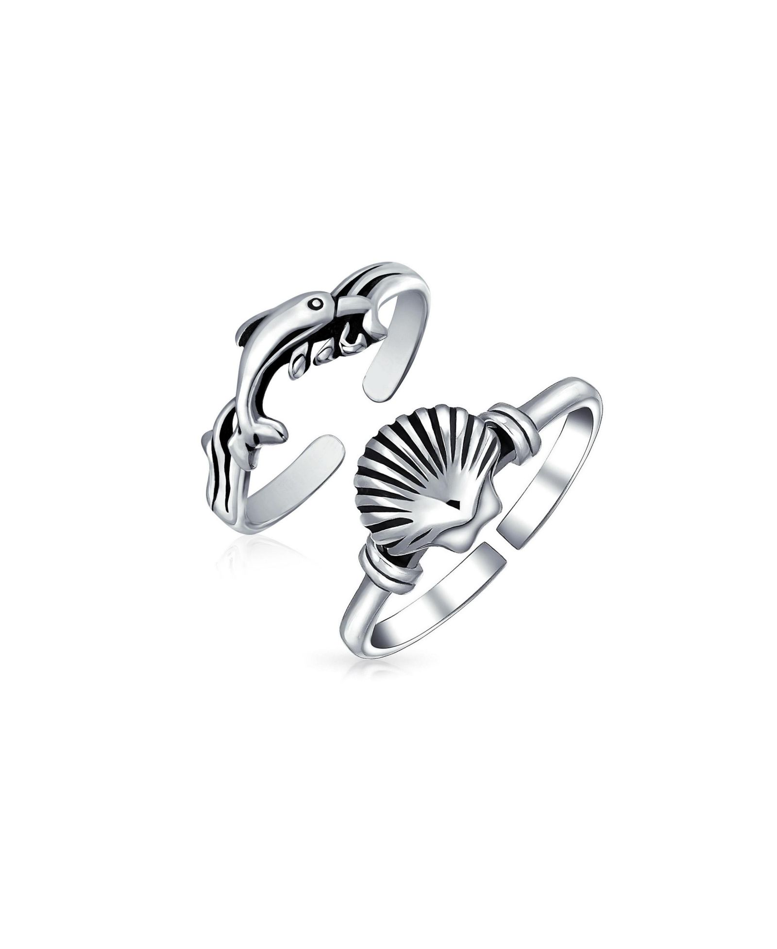 Кольцо для пальца Bling Jewelry Dolphin and Clam Shell Midi, серебро 925 (набор из 2 шт.)