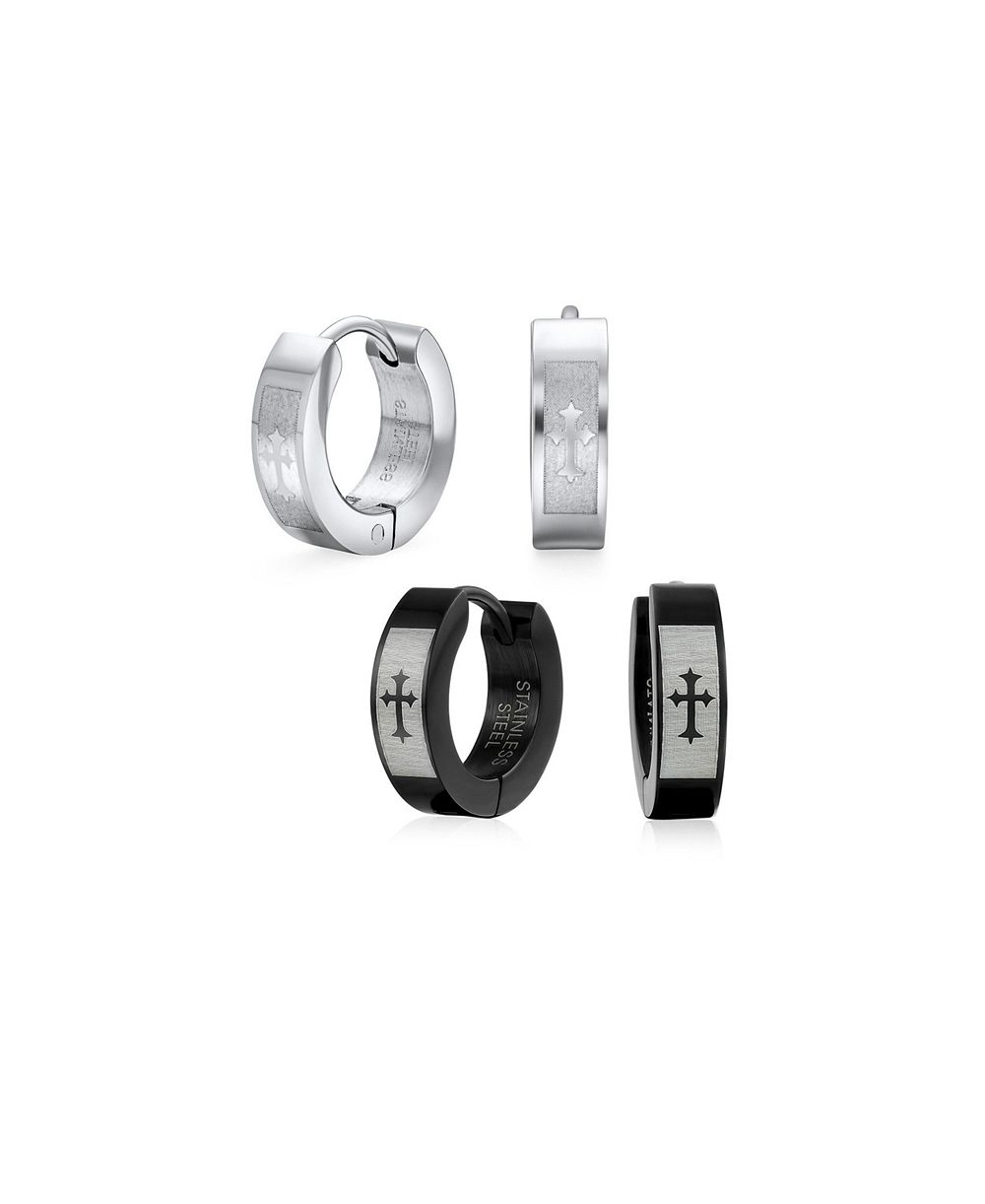 Серьги Bling Jewelry Fleur De Lis Cross Huggie Hoop Stainless Steel