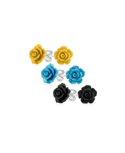 Bling Jewelry 3D Rose Stud Earrings .925 Sterling Silver Post White, Blue, Pink (3 Set)