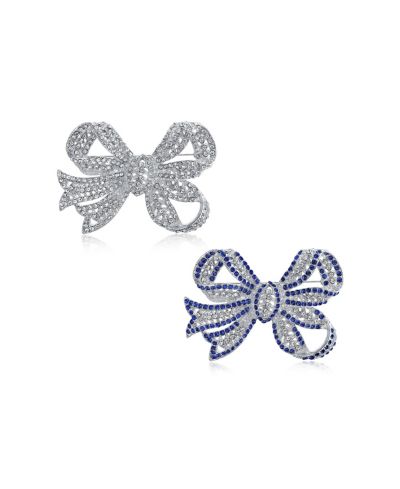Bling Jewelry Victorian Style Statement Blue Crystal Bow Brooch Pin Silver Plated Set-2