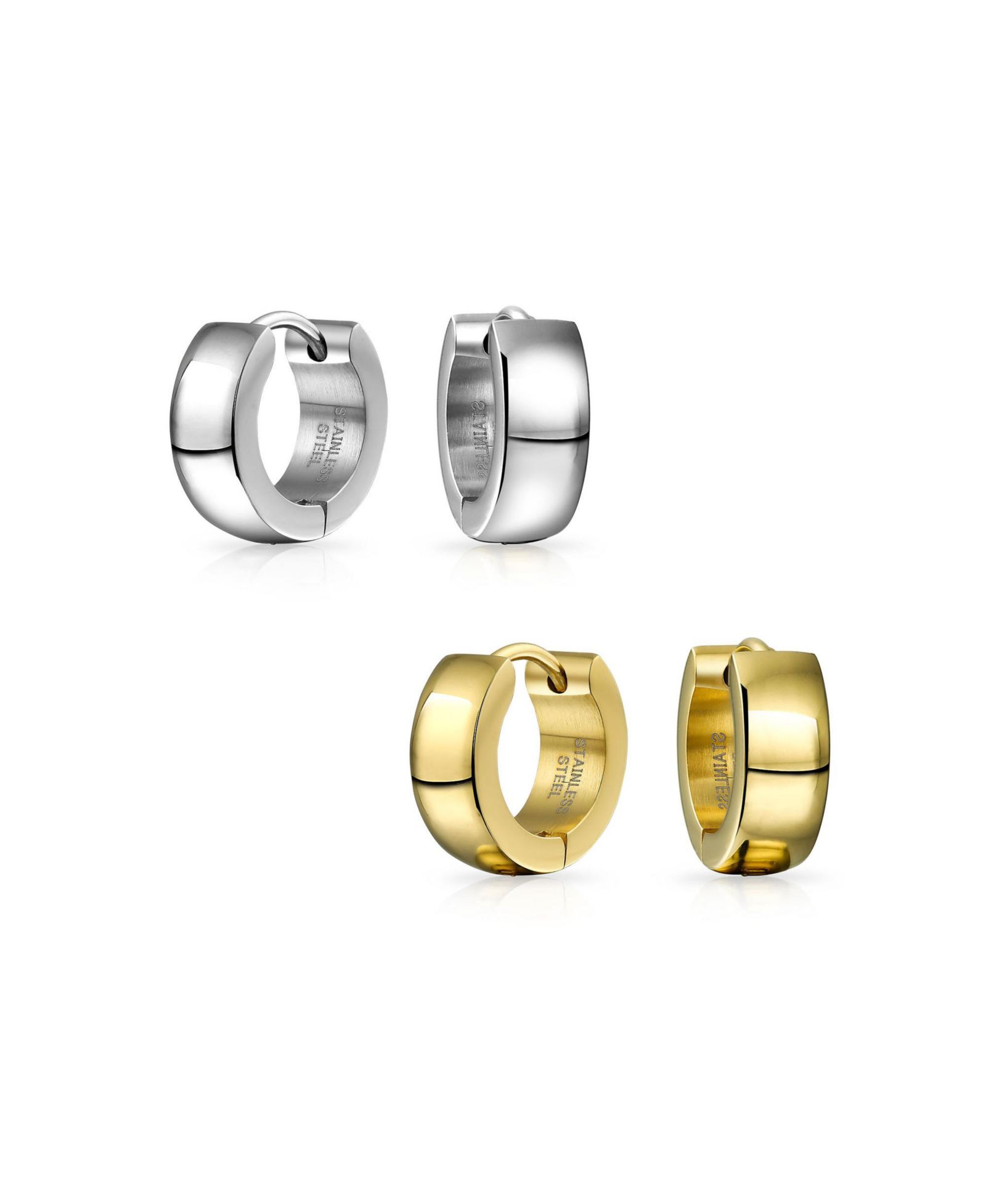 Bling Jewelry серьги-кольца Timeless Huggie, полированное серебро, золотистый цвет, нержавеющая сталь, Unisex (набор из 2 шт.)